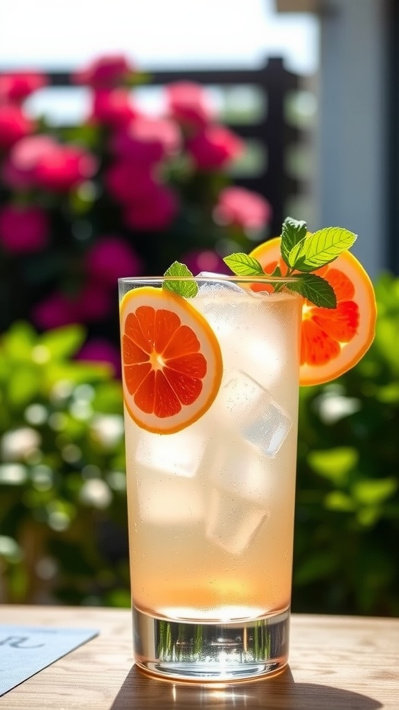 A refreshing gin and grapefruit spritzer with ice, grapefruit slices, and mint, set against a sunny outdoor background.